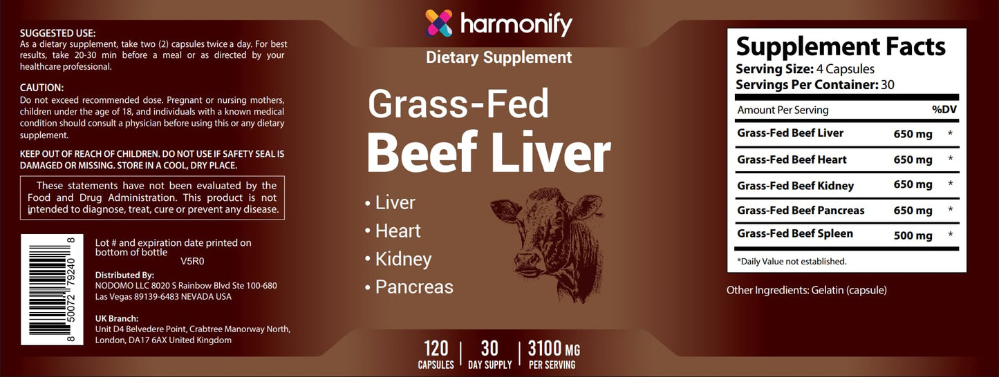 HARMONIFY Bovine Grass Fed Desiccated Beef Liver Capsules - Non-GMO, Gluten Free 120 Capsules, 30 Day Supply, Made in USA