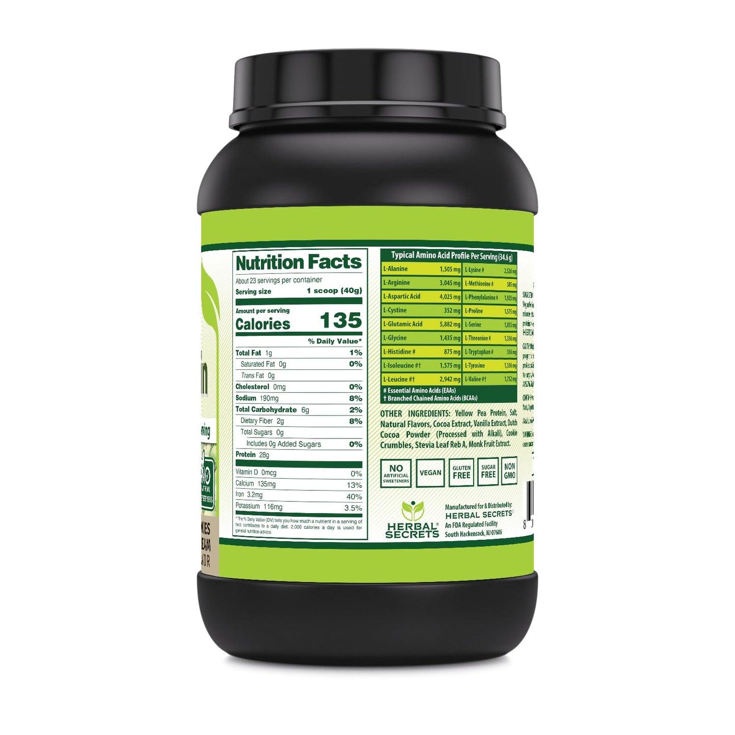 Herbal Secrets Vegan Protein | Cookies & Cream Flavor | 28 Grams Protein | 23 Servings | 6.2 Grams BCAA Supplement | Made in USA