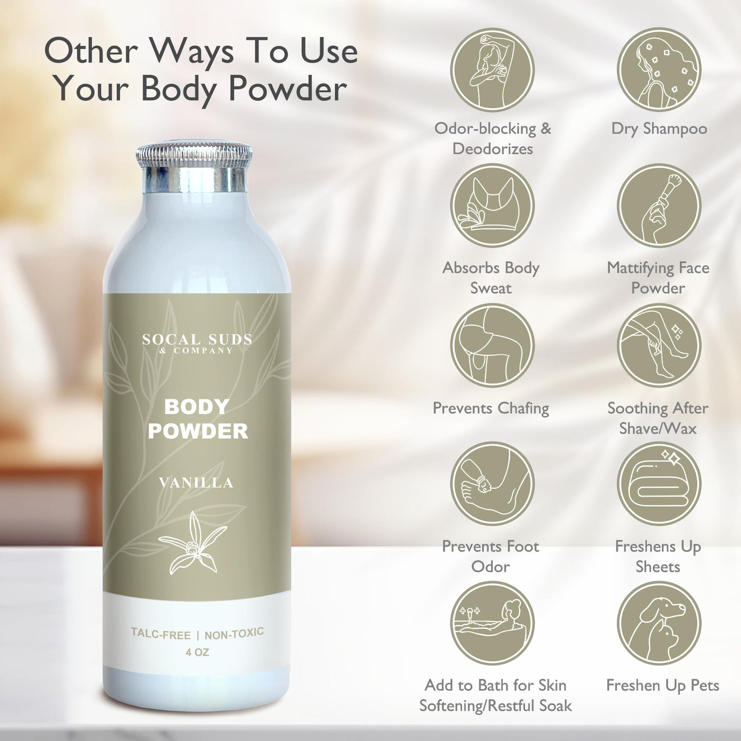 SoCal Suds & Company - Natural Body Powder Talc-Free - with Arrowroot Powder, Kaolin, Aspen Bark Extract for Soft Soothing Delicate Skin - Vanilla 4oz, 1-Pack