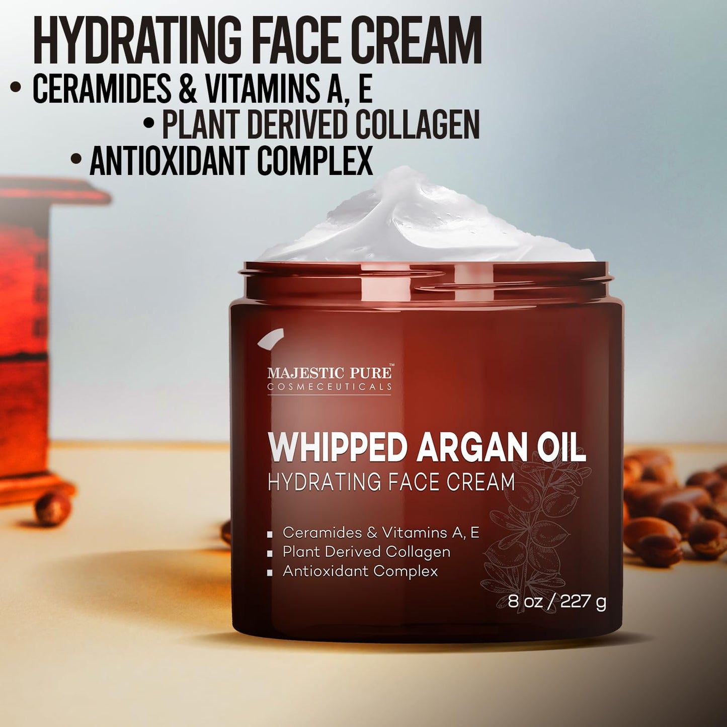 Majestic Pure Whipped Argan Oil Moisturizer Face Cream for Women & Men - With Vitamin E A, Collagen & Ceramides - Hydrates Dry Skin, Oily Skin, Reduces Appearance of Fine Lines – 8oz