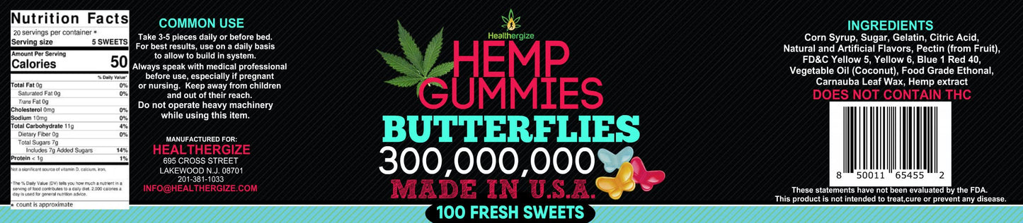 Healthergize Hemp Gummies Premium-Delicious Butterflies Gummy Bear Edibles-Fresh Fruity Flavors-Natural Candy Peace and Relaxation-for Sleep, Calm, Relax-Made in USA-100 Count