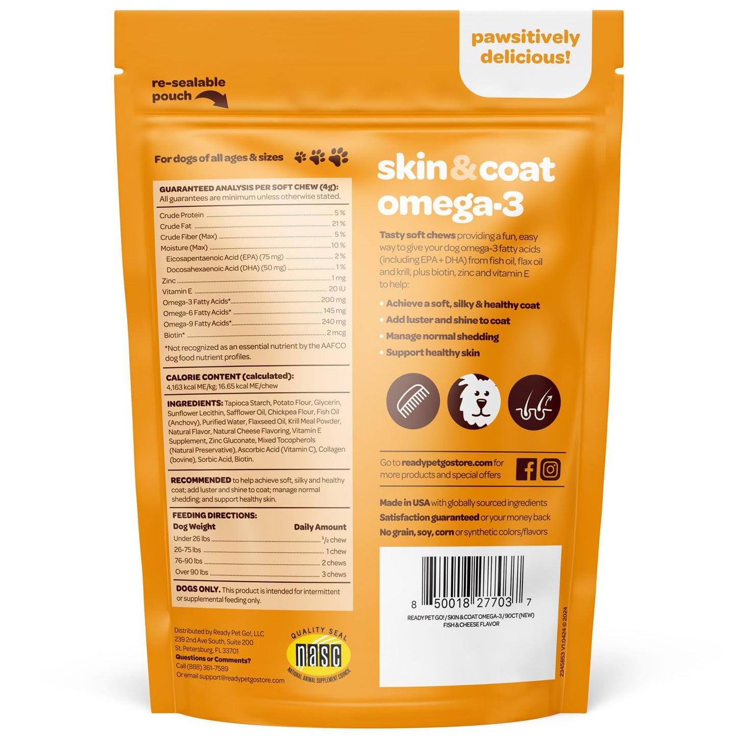 Skin and Coat Supplement for Dogs | Nourishing Omega 3 for Dogs with EPA DHA Krill Oil and Vitamin E | Dog Skin and Coat Supplement | 1 Chew up to 75lbs | NASC Certified & Made in The USA | 60 Chews