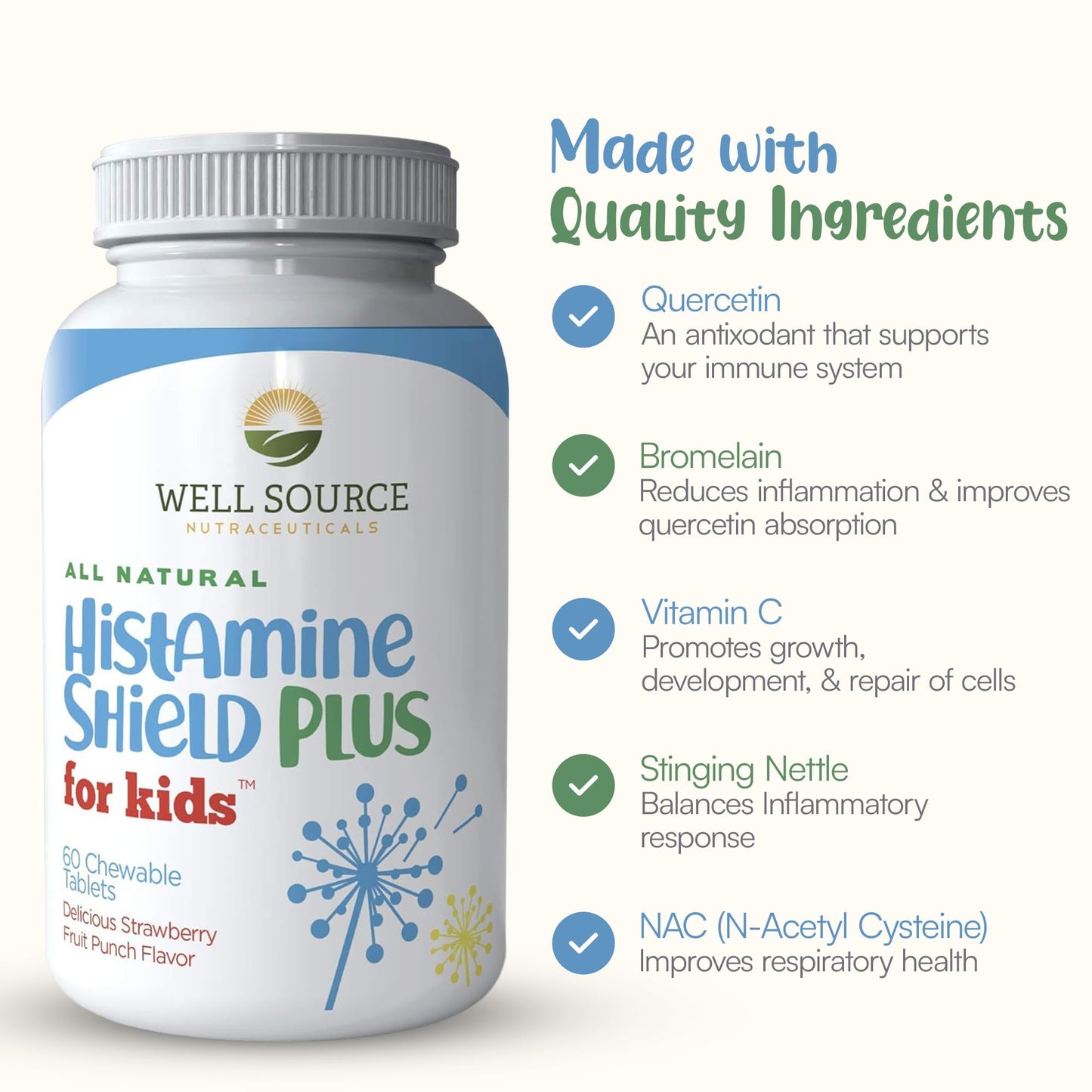 Histamine Shield Plus for Kids™ Natural Antihistamine Supplement, Sinus & Allergy Relief for Pollen, Pet Dander, Dust, Mold, and Odors, 60 Strawberry Fruit Punch Chewable Tablets