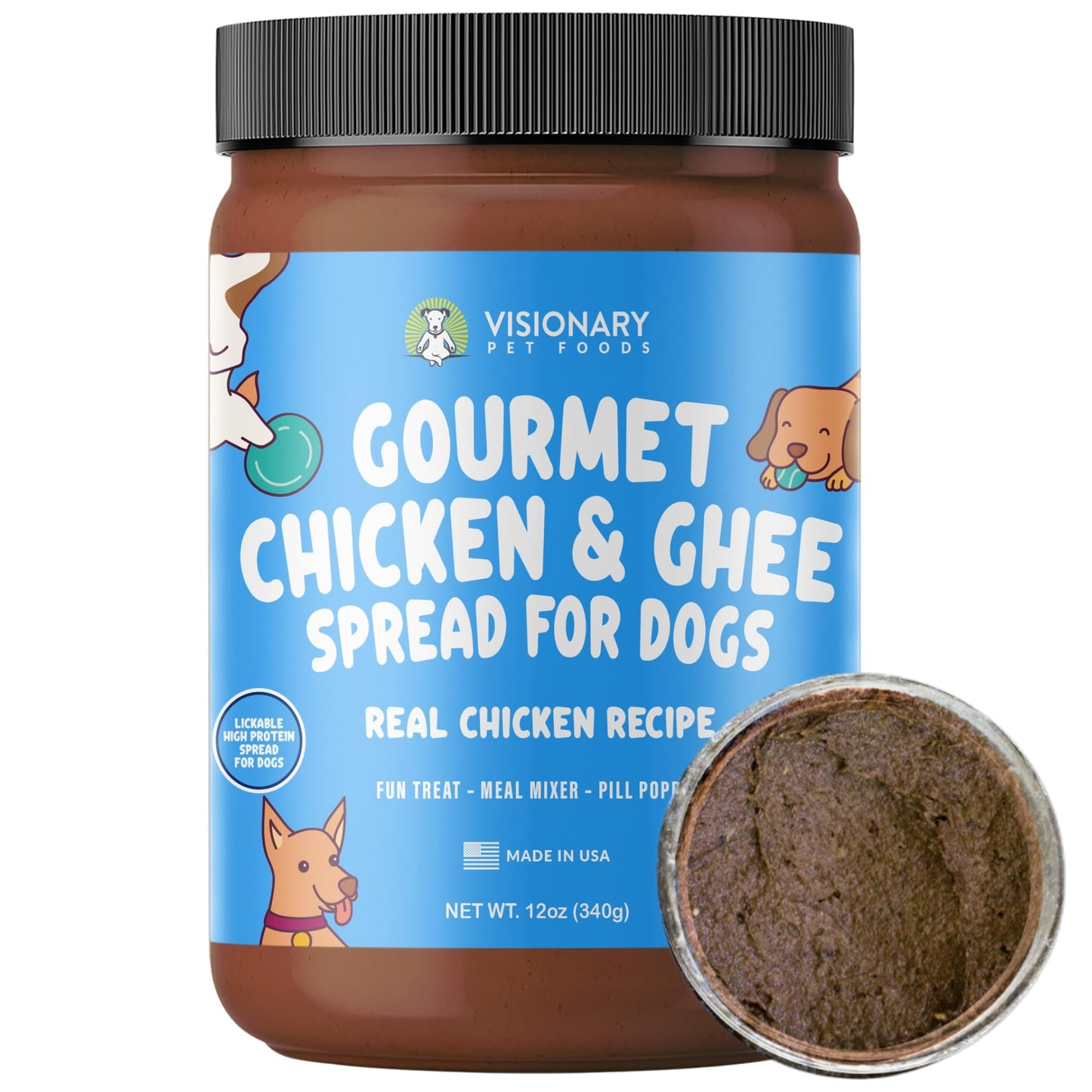 Visionary Pet Foods Chicken Meat Spread - Healthy Dog Treat - Alternative to Dog Peanut Butter, Xylitol Free, No Sugar and Filler Free - Use on Lick Mat, Food Mixer, Pill Pockets - 12oz Jar