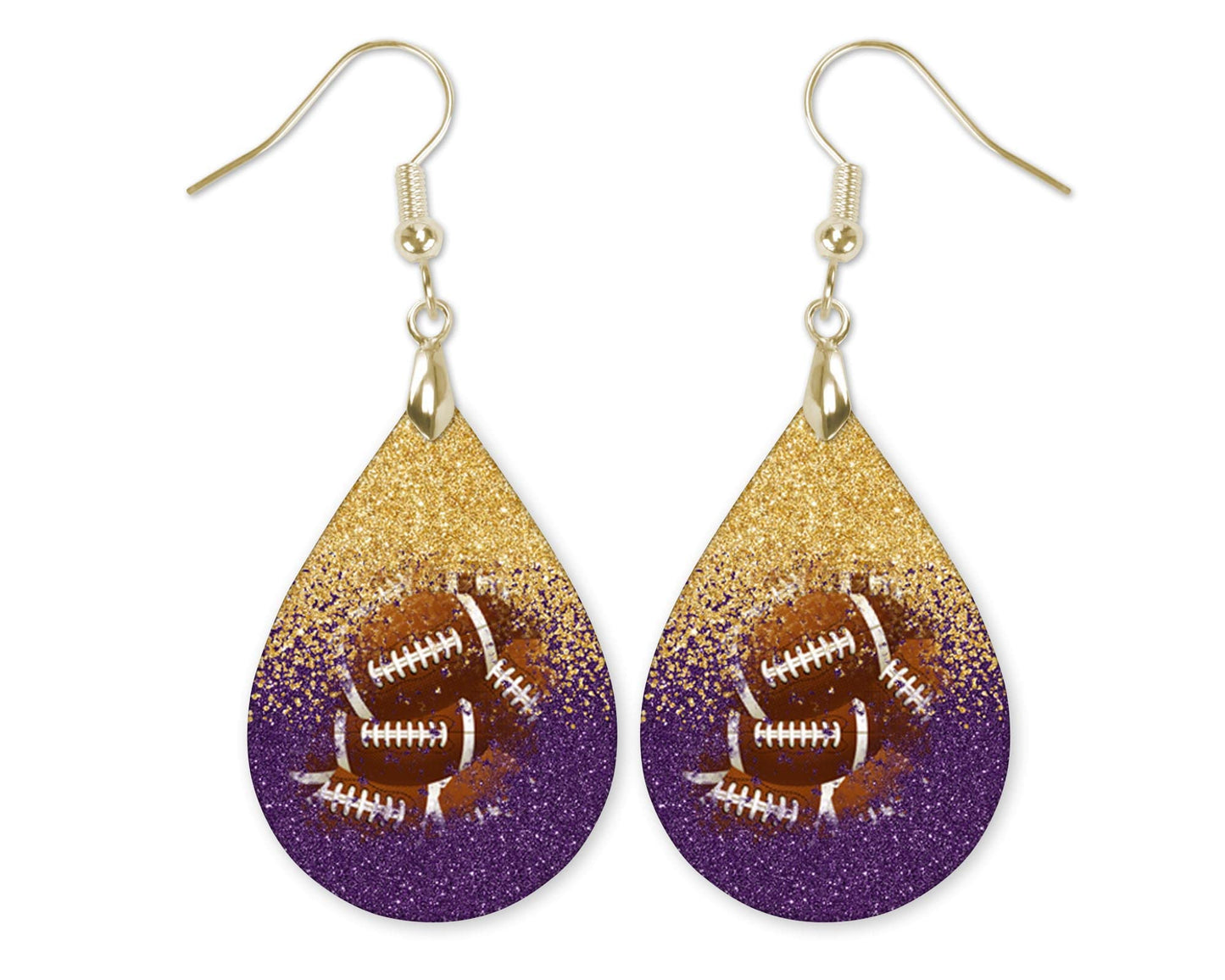 Purple Football Earrings for Women with Gold Gameday School Team Spirit Fan Jewelry Gift Handmade by The Painted Pug (Purple Gold Faux Glitter)