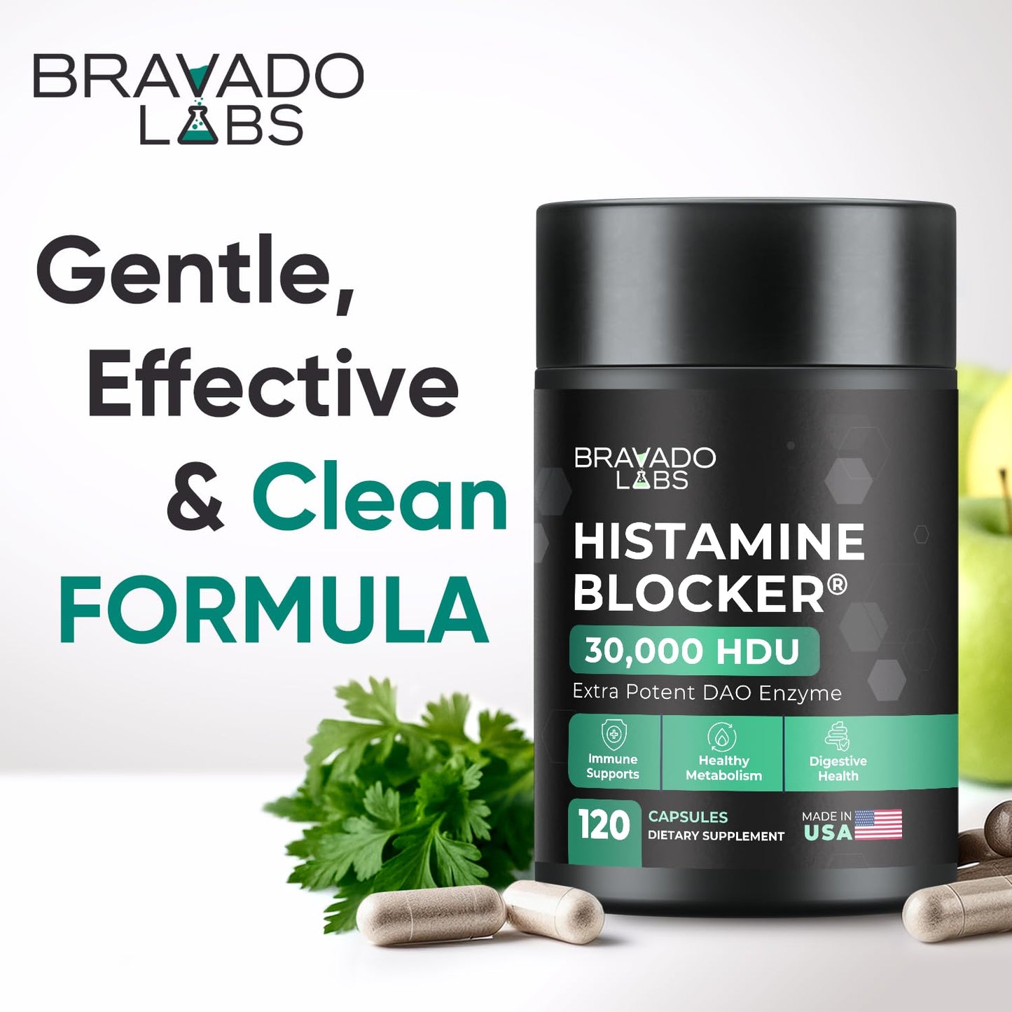 Bravado Labs DAO Supplements Histamine Blocker – Extra Potent 30,000 HDU DAO Enzyme Formula for Histamine Digest & Immune Support – for Food-Related Histamine Intolerance - Daily Use - 120 caps.