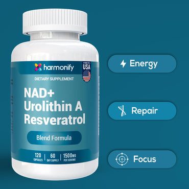 HARMONIFY NAD+ Nicotinamide Riboside Resveratrol with Urolithin A 1500mg, Advance Support Supplement, 120 Capsules 60-Day Supply, Proudly USA Company