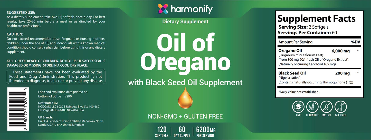 HARMONIFY Oil of Oregano with Black Seed Oil Supplement for Immune & Digestive Support, Black Seed Oil, Oregano Oil Supplement, 120 Softgels, 60 Day Supply, Non-GMO & Gluten Free