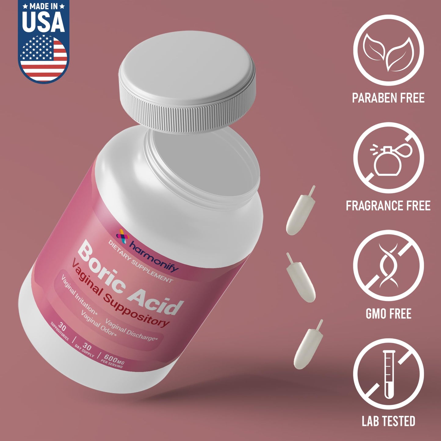 Boric Acid Suppositories for Women 600 mg, Pure Boric Acid pH Balance for Women & Vaginal Odor Control – 30 Suppositories, Made in USA