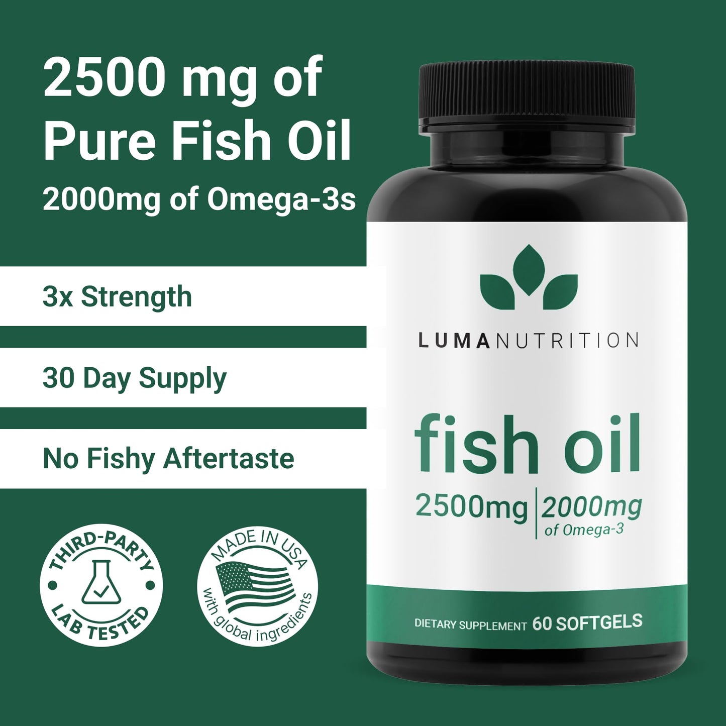 Luma Nutrition Omega 3 Fish Oil Supplement - Extra Strength 2500mg - 2000mg EPA & DHA - Brain and Heart Health - 60 Softgels