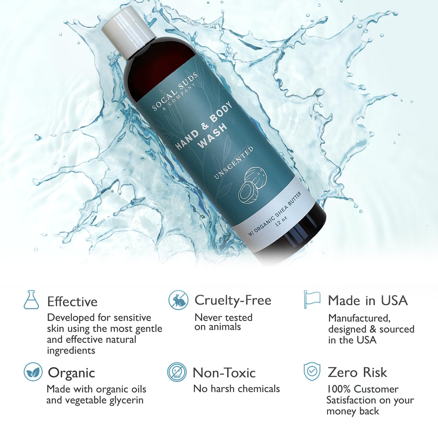 SoCal Suds & Company Organic Shea Butter Body Wash – Fragrance Free Liquid Soap for Hand & Body, Moisturizing Shower Gel, Body Wash for Women, Men & Unisex, Gentle Skin Care & Protection - (12oz)