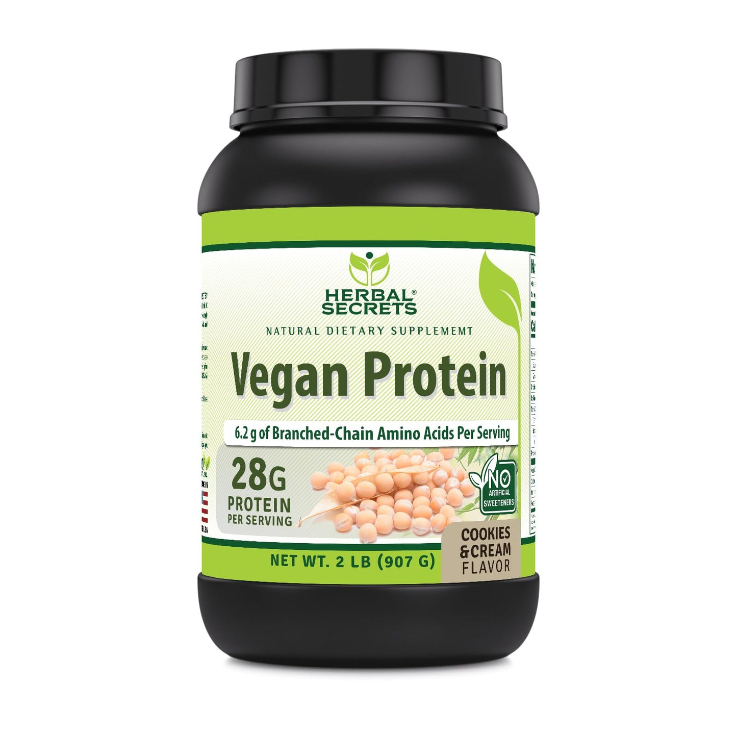 Herbal Secrets Vegan Protein | Cookies & Cream Flavor | 28 Grams Protein | 23 Servings | 6.2 Grams BCAA Supplement | Made in USA