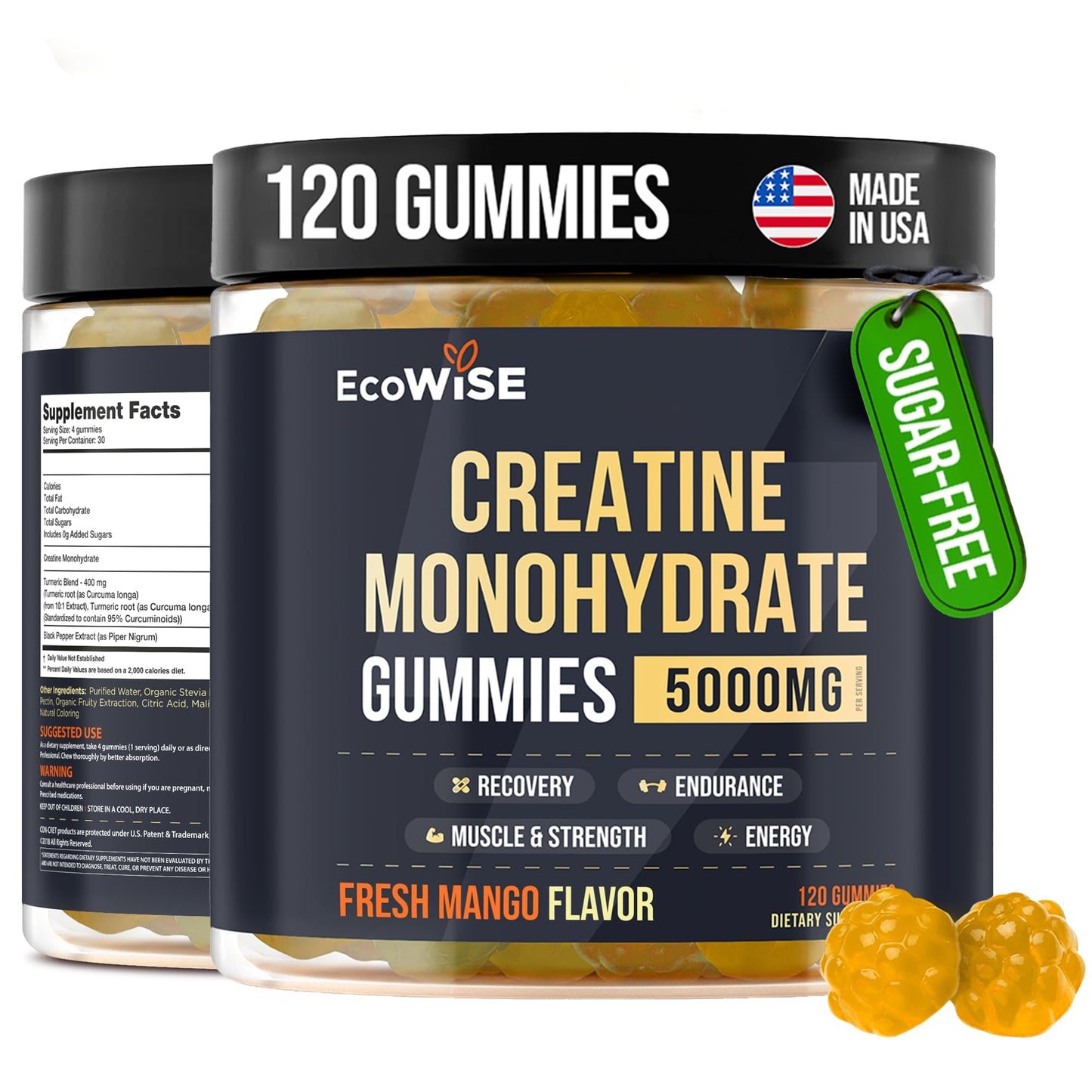 EcoWise Wellness Creatine Monohydrate Gummies 5000 mg, Fresh Mango Flavor, 120 Sugar-Free Vegan Chews, Creatine Supplement for Daily Routine