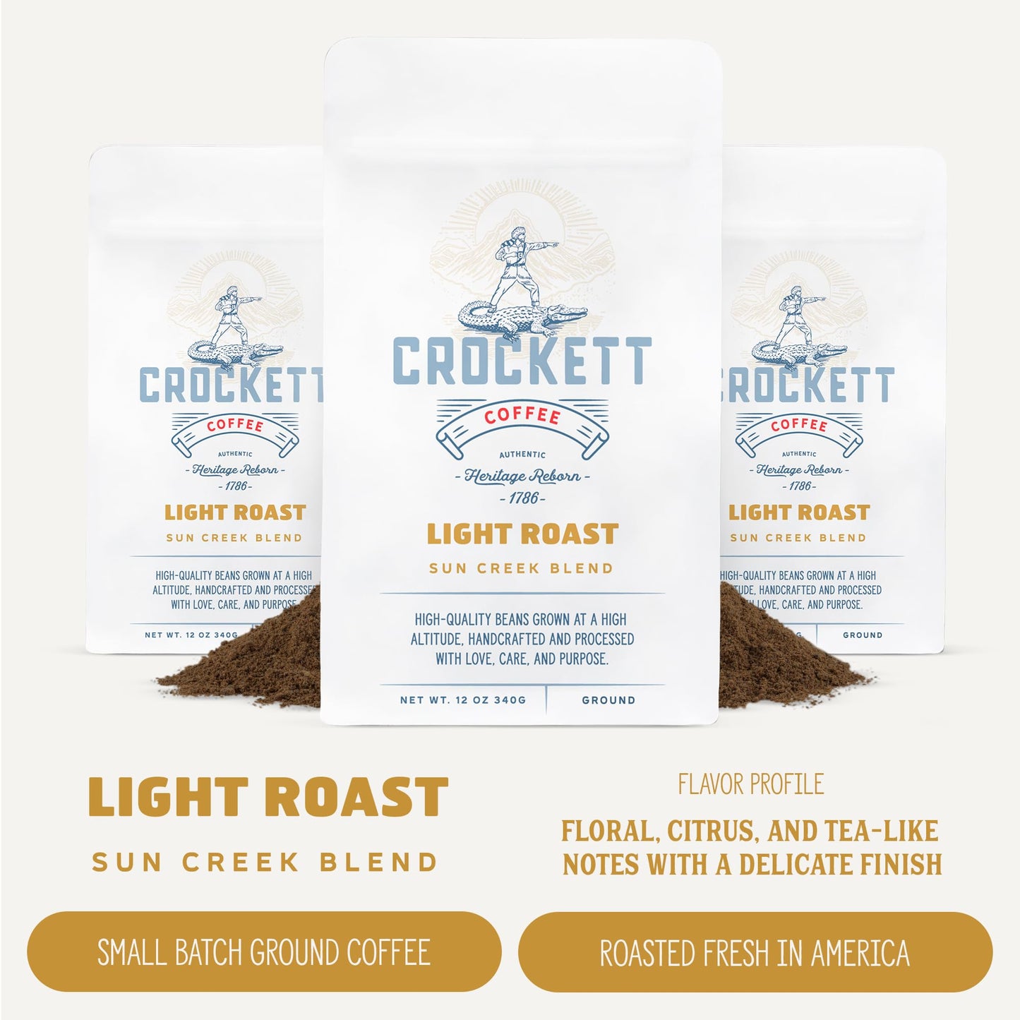 Crockett Light Roast Ground Coffee – Smooth Light Roast Ground Coffee with Bright Flavor, Crisp Finish & Gentle Strength – Perfect for Clean Brewing, Mellow Energy & Daily Coffee Drinks