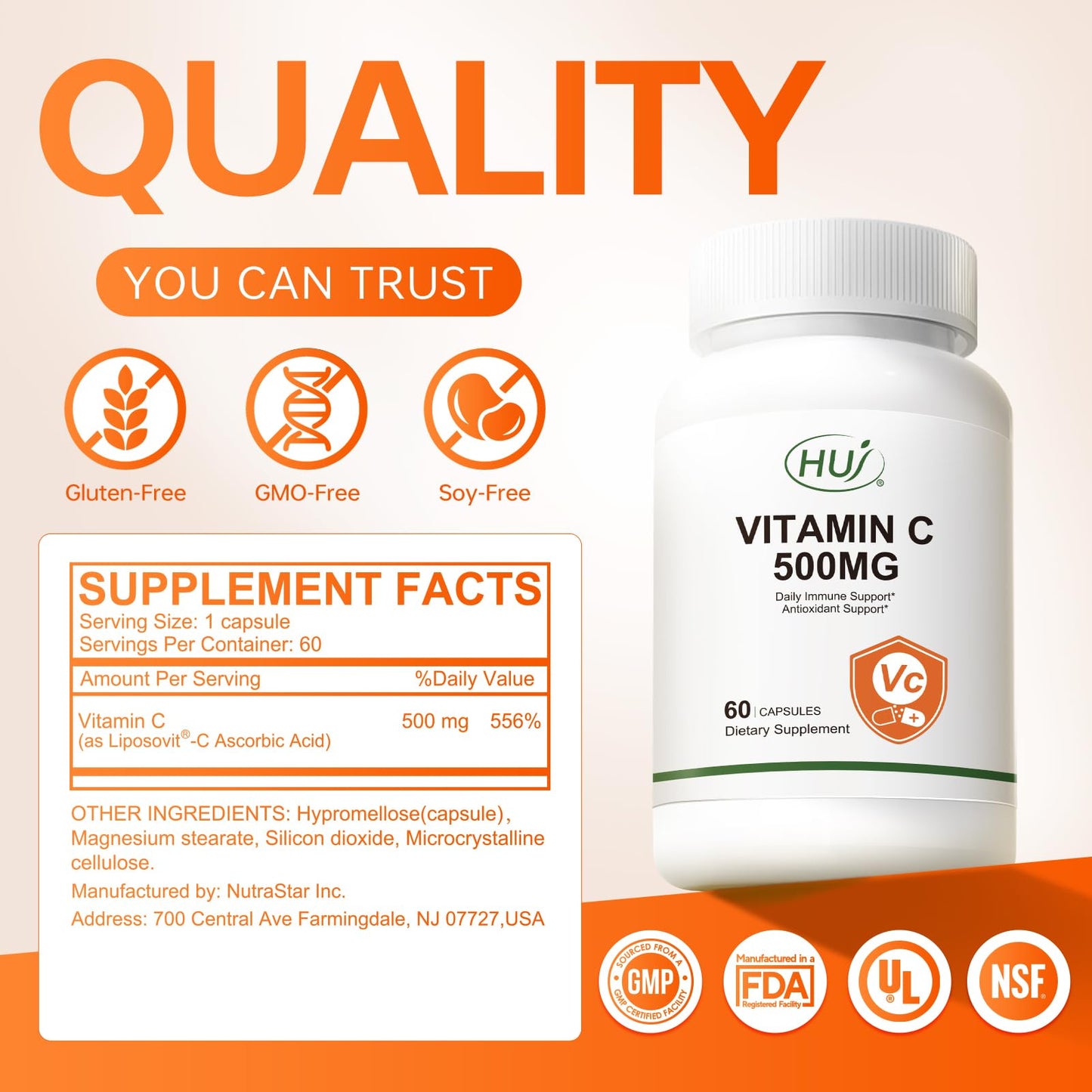 HUJ Vitamin C 500mg, Immune and Antioxidant Support, 60 Capsules