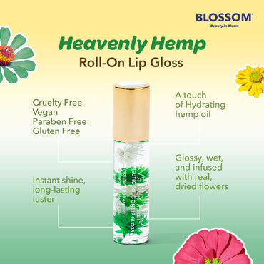 Blossom Roll on Lip Gloss, Scented Clear High Shine Moisturizing Lip Oil, Non Sticky, Infused with Real Flowers, Made in USA, 0.2oz, Vanilla Hemp