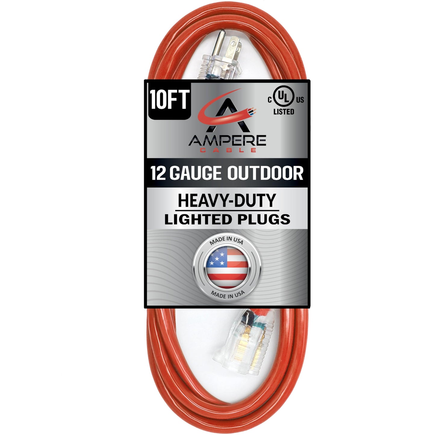 10 ft - 12 Gauge Extension Cord Outdoor - Made in USA - Lighted on Both Ends - Red Outdoor Extension Cord Waterproof by Anthem Cable - Heavy Duty Extension Cord