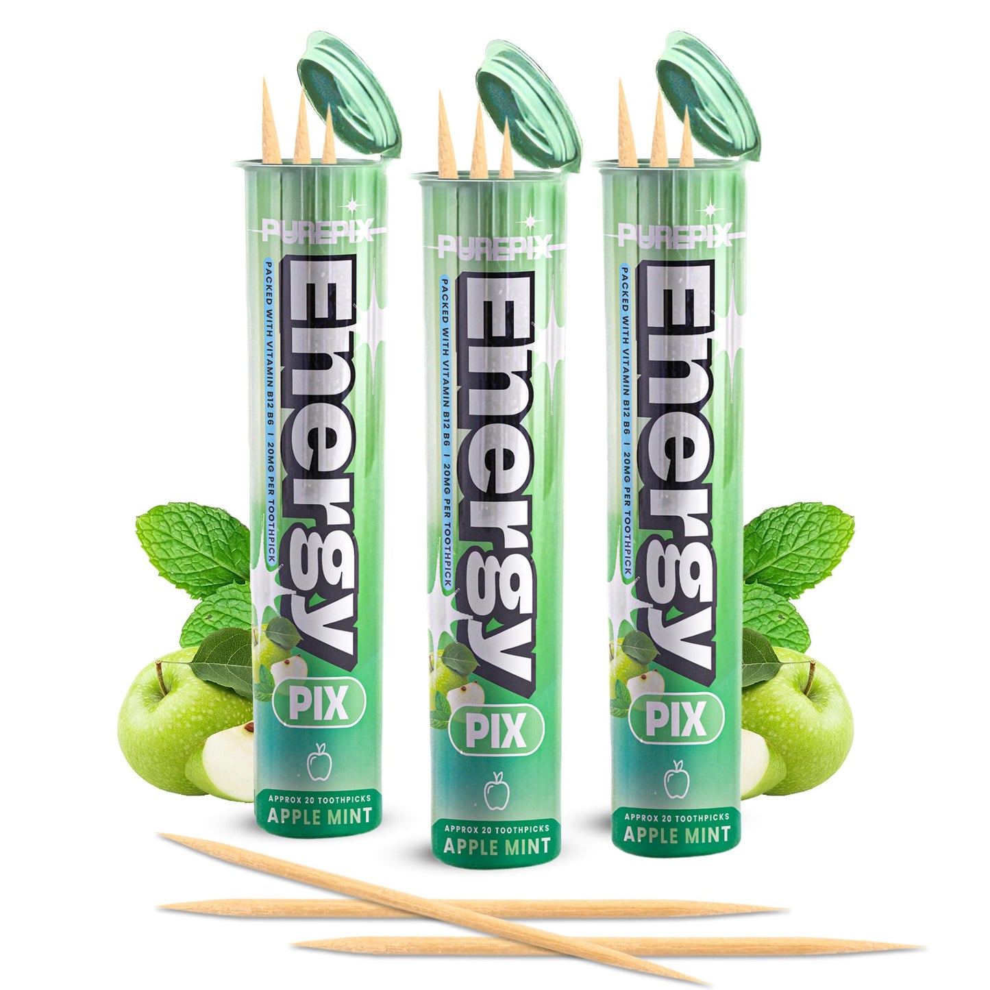 PurePix EnergyPix - Extra Thick Caffeine Flavored Toothpicks with L-Theanine, B12, for Focus & Energy - Sugar-Free Alternative to Energy Mints & Gum - 20 Count, Apple Mint 3 Pack