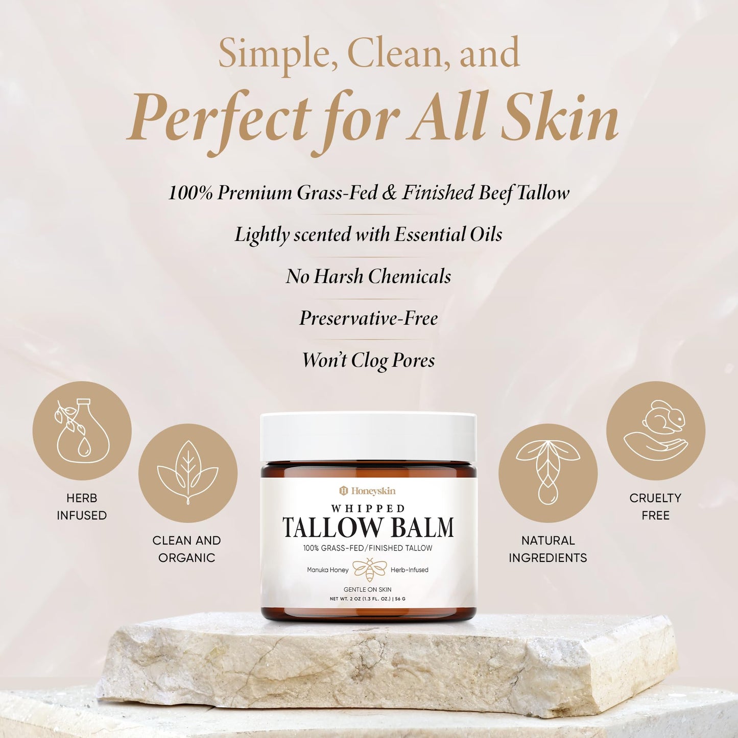 Honeyskin Whipped Tallow and Honey Balm – 100% Grass-Fed All Natural Mountain Beef Tallow for Skin Face Moisturizer – Nourishing, Hydrating Balm for Dry, Sensitive Skin – Gentle Soothing Care, 2oz