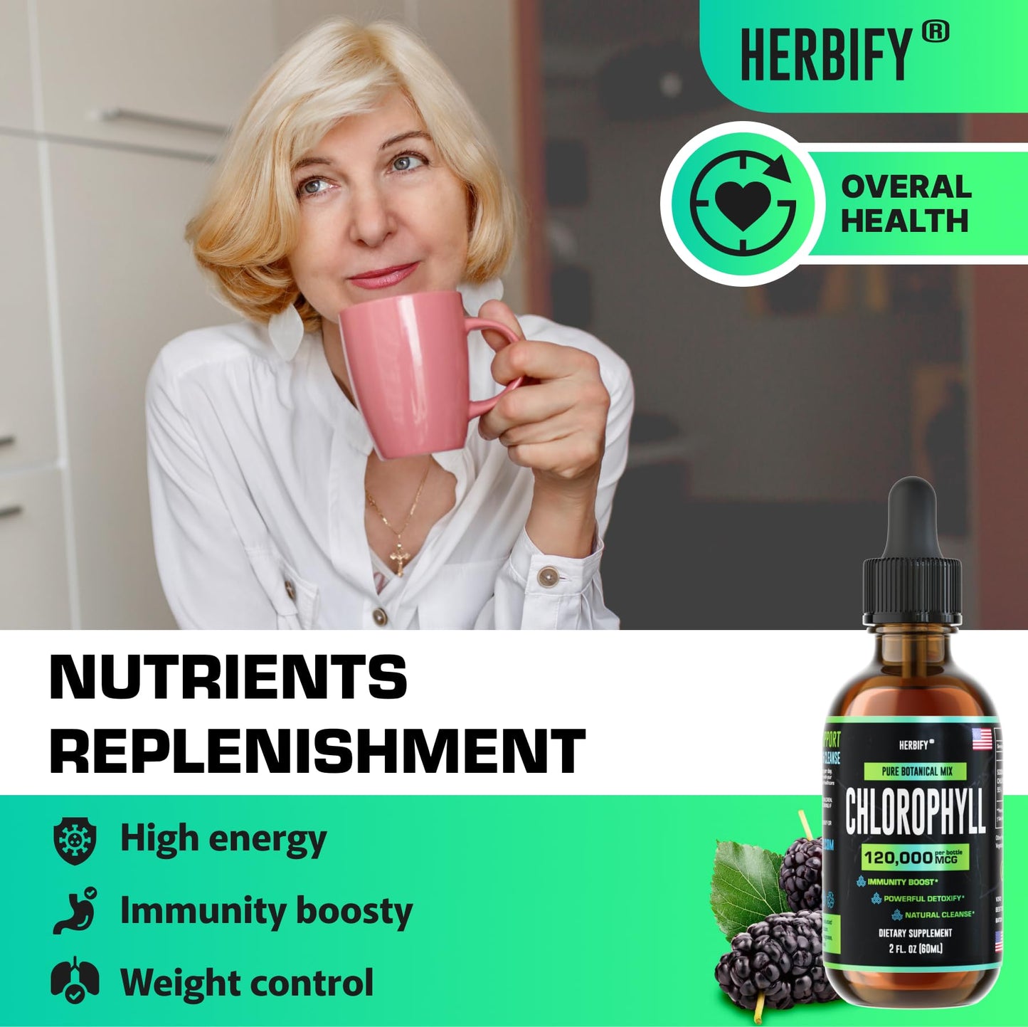 HERBIFY Chlorophyll Drops - Liquid Chlorophyll for Energy Boost & Immune System Support - Made in USA - Chlorophyll Liquid Drops for Body Detox, Internal Deodorant & Enhance Skin - 2 Oz