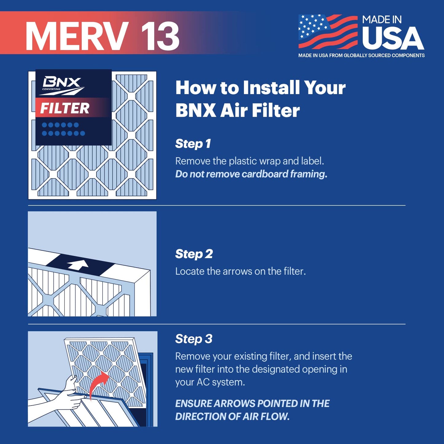 BNX TruFilter Air Filter MERV 13 - MADE IN USA - Electrostatic Pleated Air Conditioner HVAC AC Furnace Filters for Allergies, Pollen, Mold, Bacteria, Smoke, Allergen, MPR 1900 FPR 10