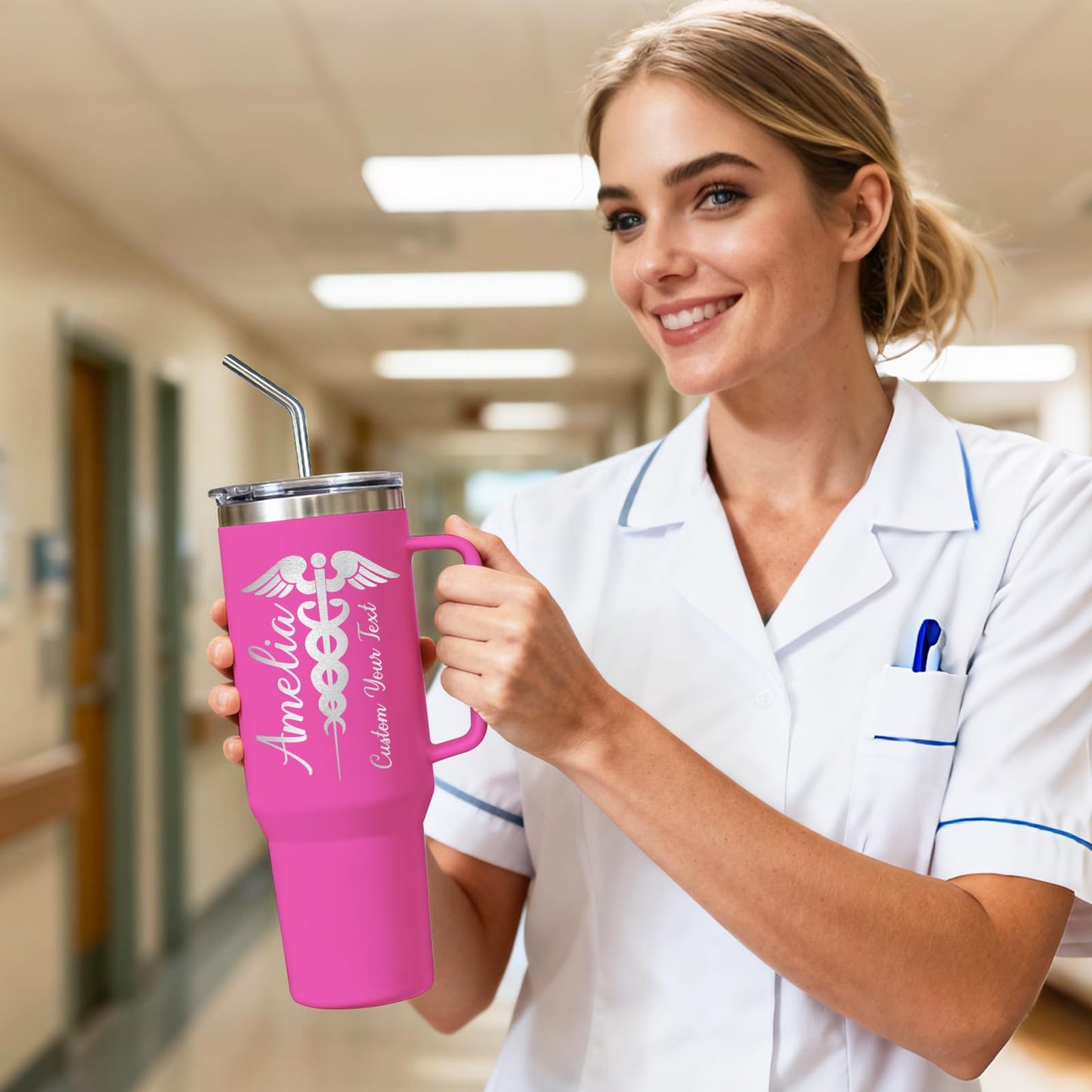 Made in USA - Personalized Tumbler 40oz with Handle and Straw - Custom Stainless Steel Travel Coffee Cup with Engraved Name Text - Personalized Gifts for Nurses Doctor - Nurse Gifts