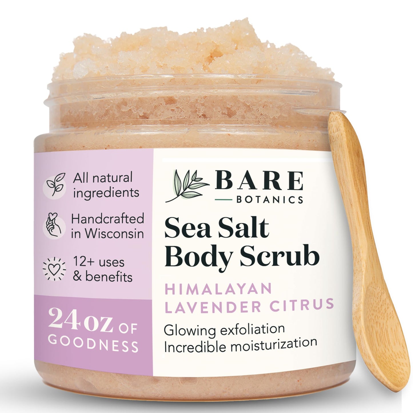 Bare Botanics Lavender Grapefruit Body Scrub 24 oz - Naturally Scented Himalayan Salt Scrub Made in Madison WI - Formulated w/Skin Loving Moisturizers - Cruelty Free Exfoliator w/a Cute Wooden Spoon