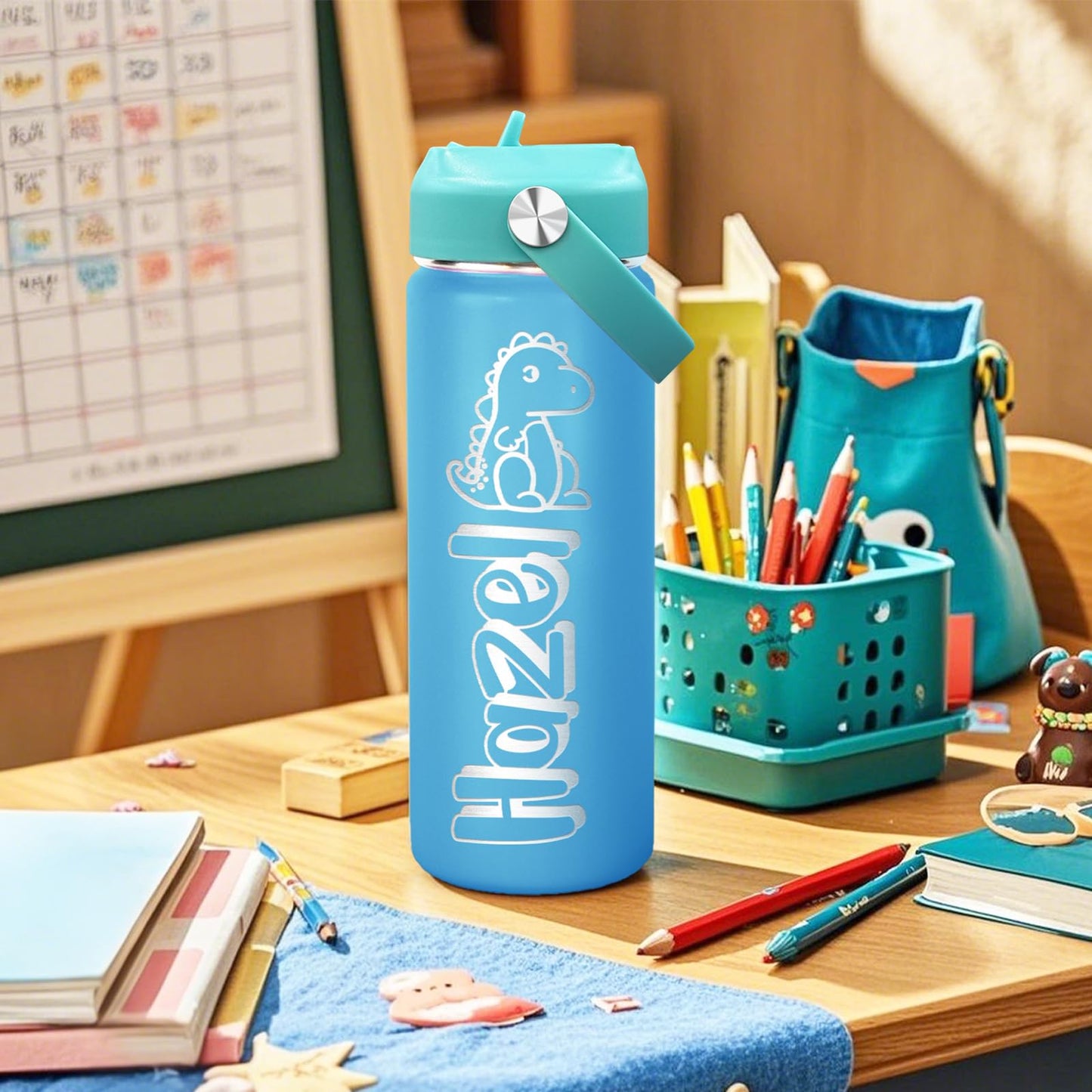 Personalized Kids Water Bottle with Name for School - Custom 18oz Water Bottle with Straw Lid Stainless Steel w/Engraved Names - Personalized Back to School Gifts for Boys Girls kids (Engraved)