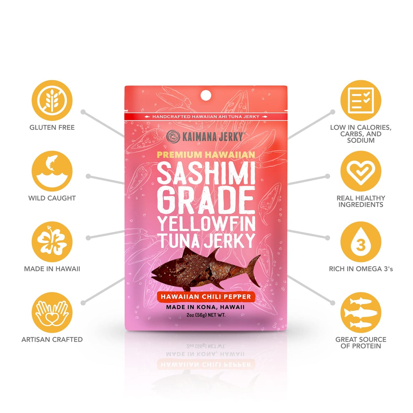 Kaimana Ahi Tuna Jerky Hawaiian Chili Pepper - Soft and Tasty - Premium Fish Jerky Made in the USA. High in Omega 3's, All Natural and Wild Caught - 2 Ounce (Pack of 3)