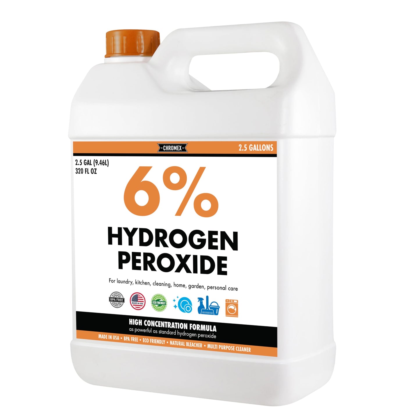 Chromex 6 Percent Hydrogen Peroxide, Food Grade, Home, Kitchen, Bath Cleaner, Laundry, Whitening, 2.5 Gallons