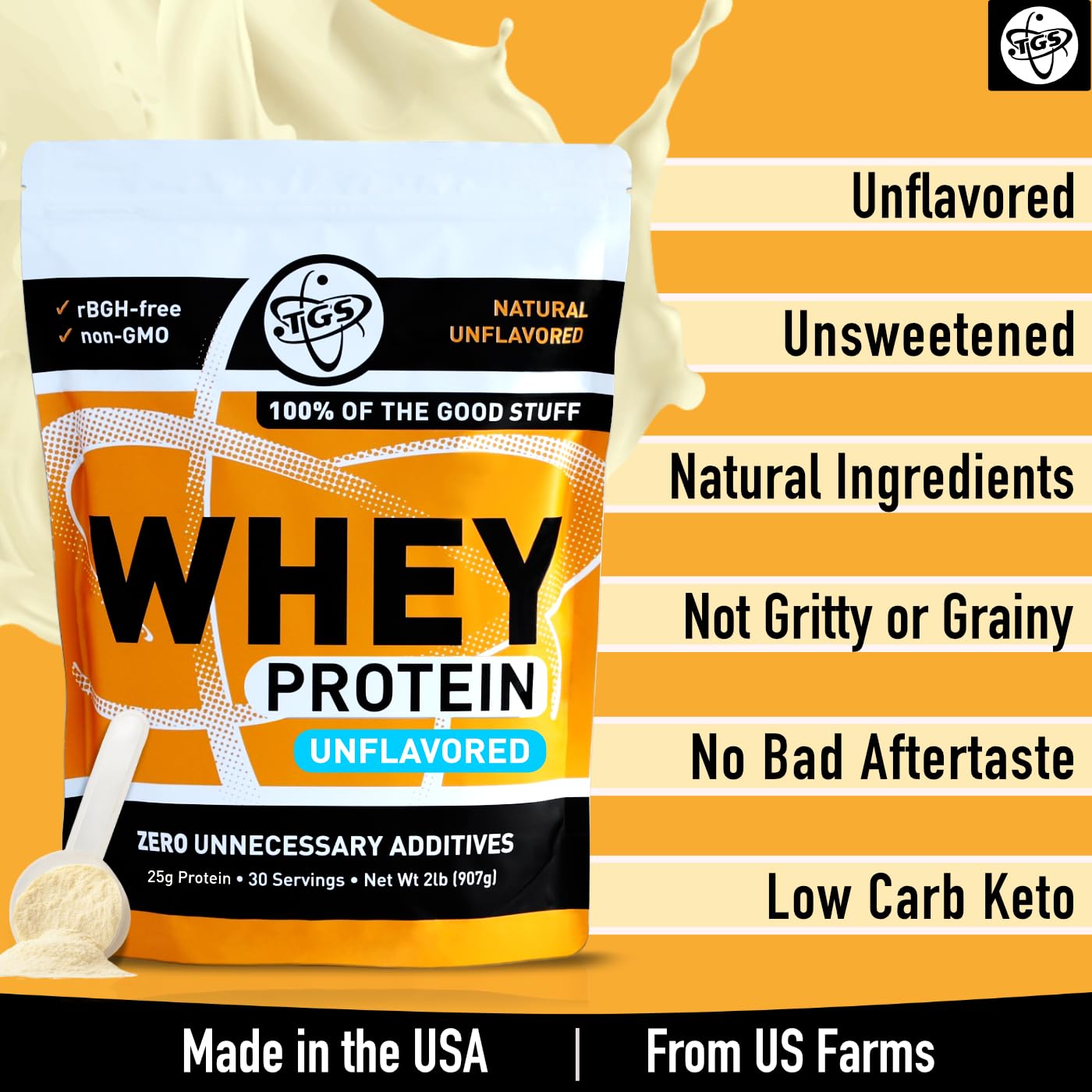 TGS Nutrition Whey Protein Powder Unflavored, Unsweetened, Keto Friendly - Low Carb, Low Calorie, No Soy, Made in USA