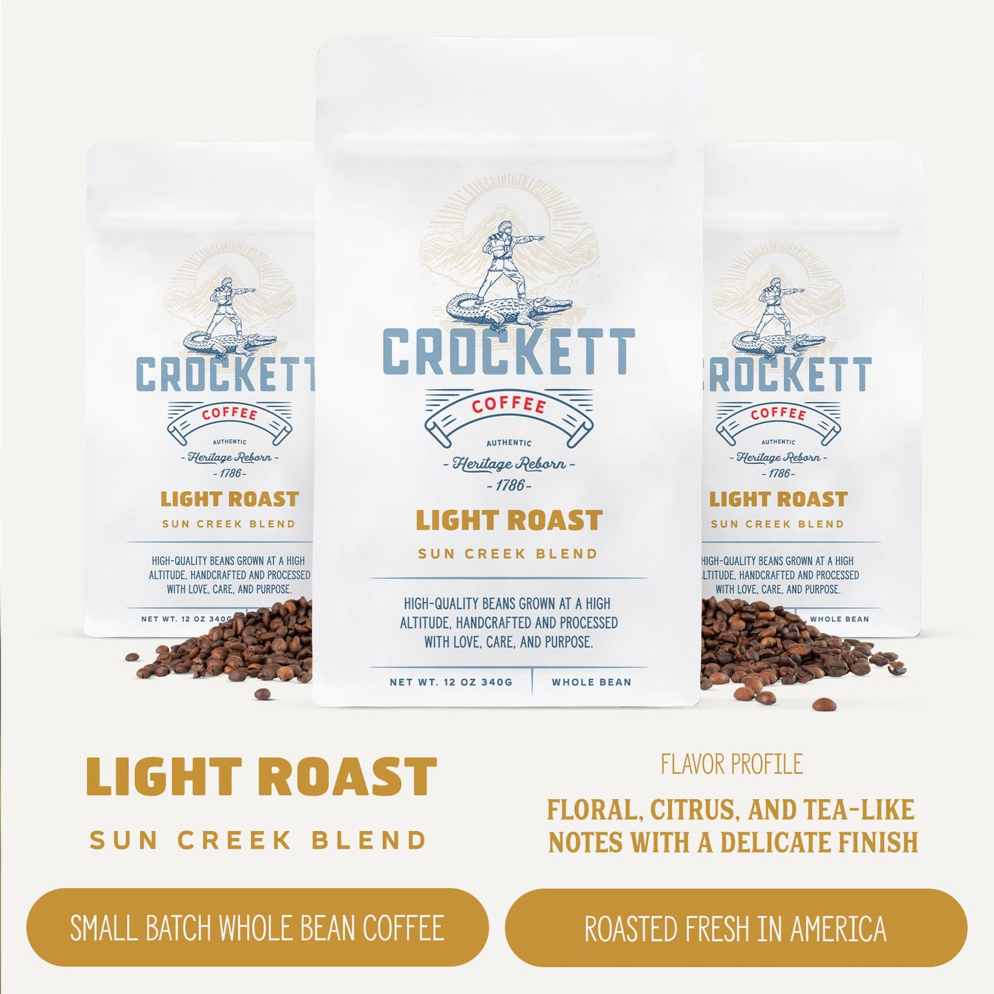 Crockett Whole Bean Coffee – Light Roast Whole Coffee Beans with Bright Flavor, Smooth Body & Clean Energy – Perfect for Morning Clarity, All-Day Focus & American-Made Freshness