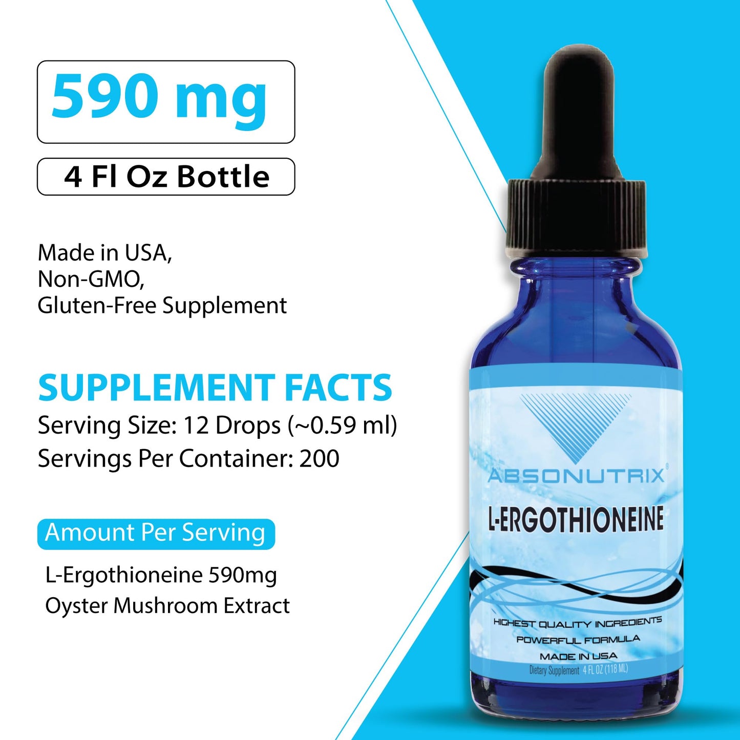 Absonutrix L-Ergothioneine Liquid Supplement 590 mg, 200 Servings, Made in USA, Quick Absorption, Quality Potent Ingredients, Non-GMO, GMP Certified Facility, Cruelty-Free Products
