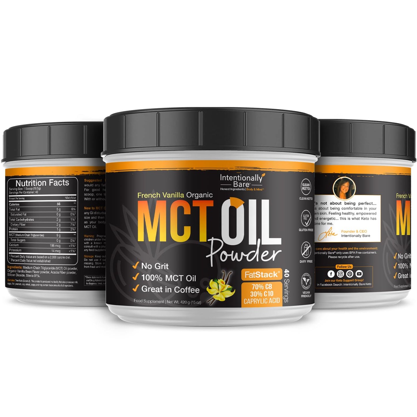 Intentionally Bare MCT Oil Powder French Vanilla MCT Coffee Creamer - C8 MCT Oil Powder for Energy & Metabolism - No Grit Keto Energy Blend Excellent in Baking, Shakes & Creamer for Coffee - 40 Ser