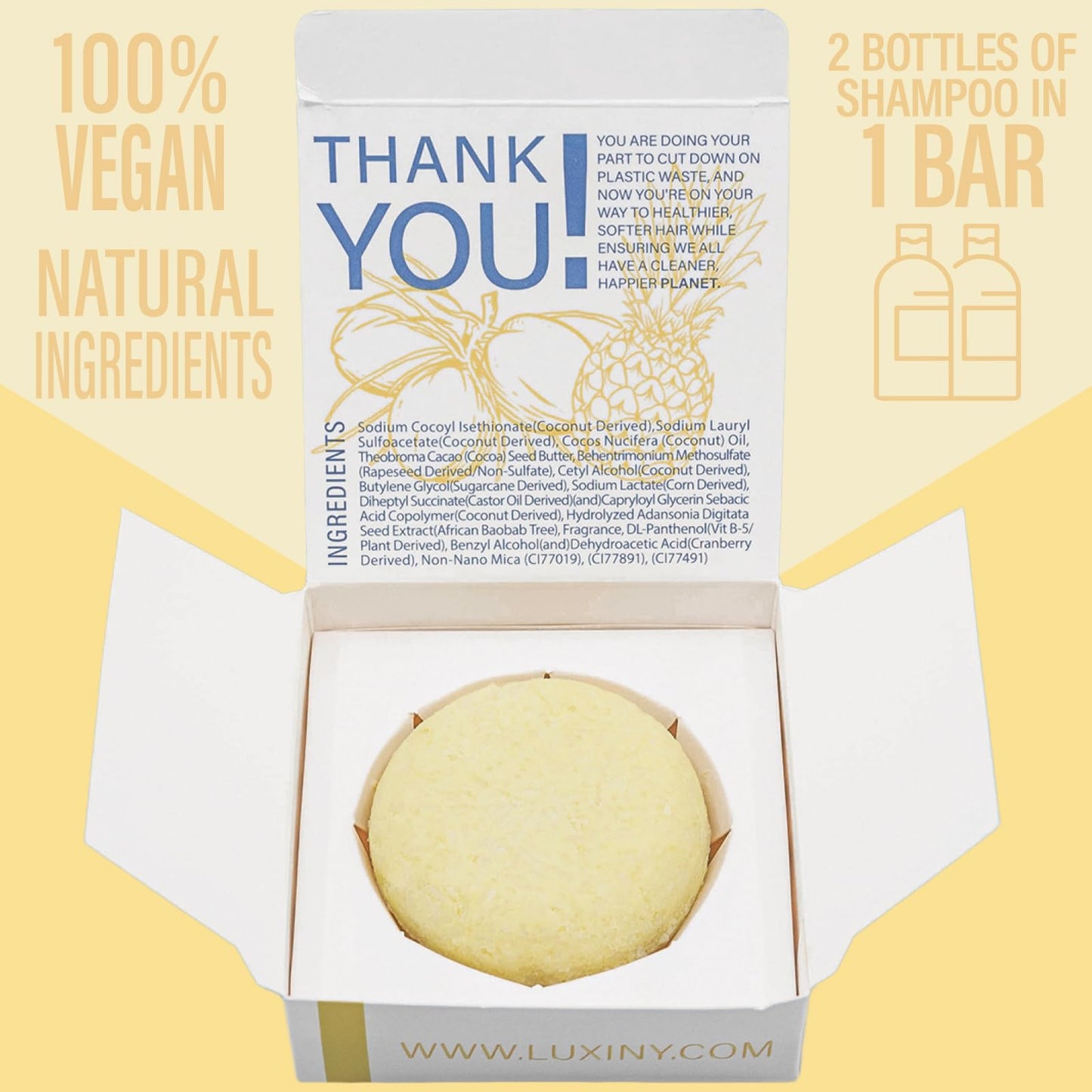 Luxiny Pina Colada Shampoo Bar for Dry & Damaged Hair – Vegan, Sulfate-Free, Moisturizing & Nourishing – Best for Curly & Frizzy Hair – Made in the USA, Up to 60 Washes, Ideal Travel Shampoo