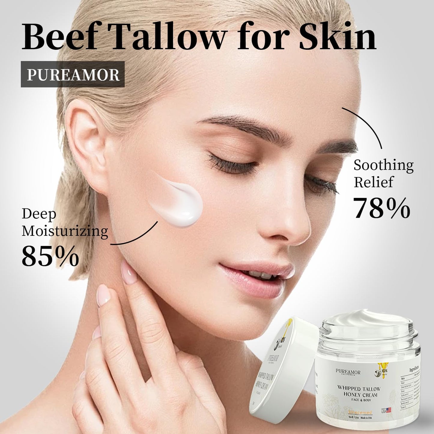 PUREAMOR Beef Tallow for Skin, Beef Tallow Face Moisturizer Cream, Fast Absorption Whipped Tallow and Honey Balm, 2oz. Unscented, Grass Fed Beef Tallow for Skin Care, Face,Body Moisturizer,Made in USA