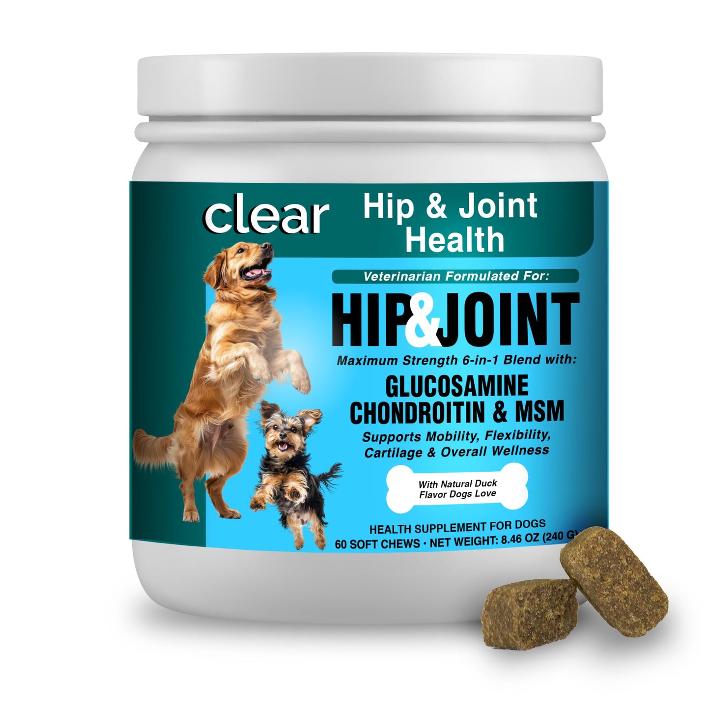 Glucosamine for Dogs Hip and Joint Supplement - Chondroitin, MSM, Green-Lipped Mussel - Clear Hip & Joint - Advanced Mobility Cartilage Support, Bone Health - Tasty Chews - Made in USA