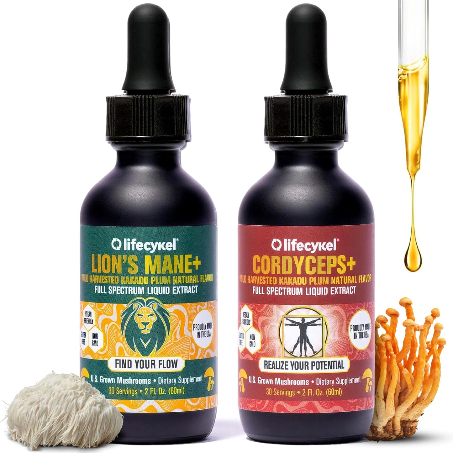 Life Cykel Cordyceps + Lions Mane Extract Performance Pack - Organic Mushroom Supplement for Energy, Focus & Mental Clarity - USA Made, Pure & Potent Mushroom Liquid Drops for Adults