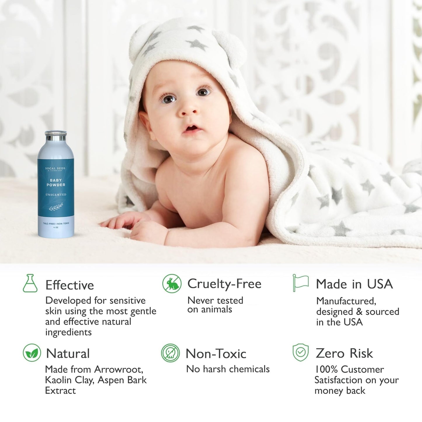 SoCal Suds & Company - Natural Baby Powder Talc-Free - Newborn Essentials with Arrowroot Powder, Kaolin, Aspen Bark Extract for Soft Soothing Protected Skin - Gentle Absorption - Fragrance Free, 4oz