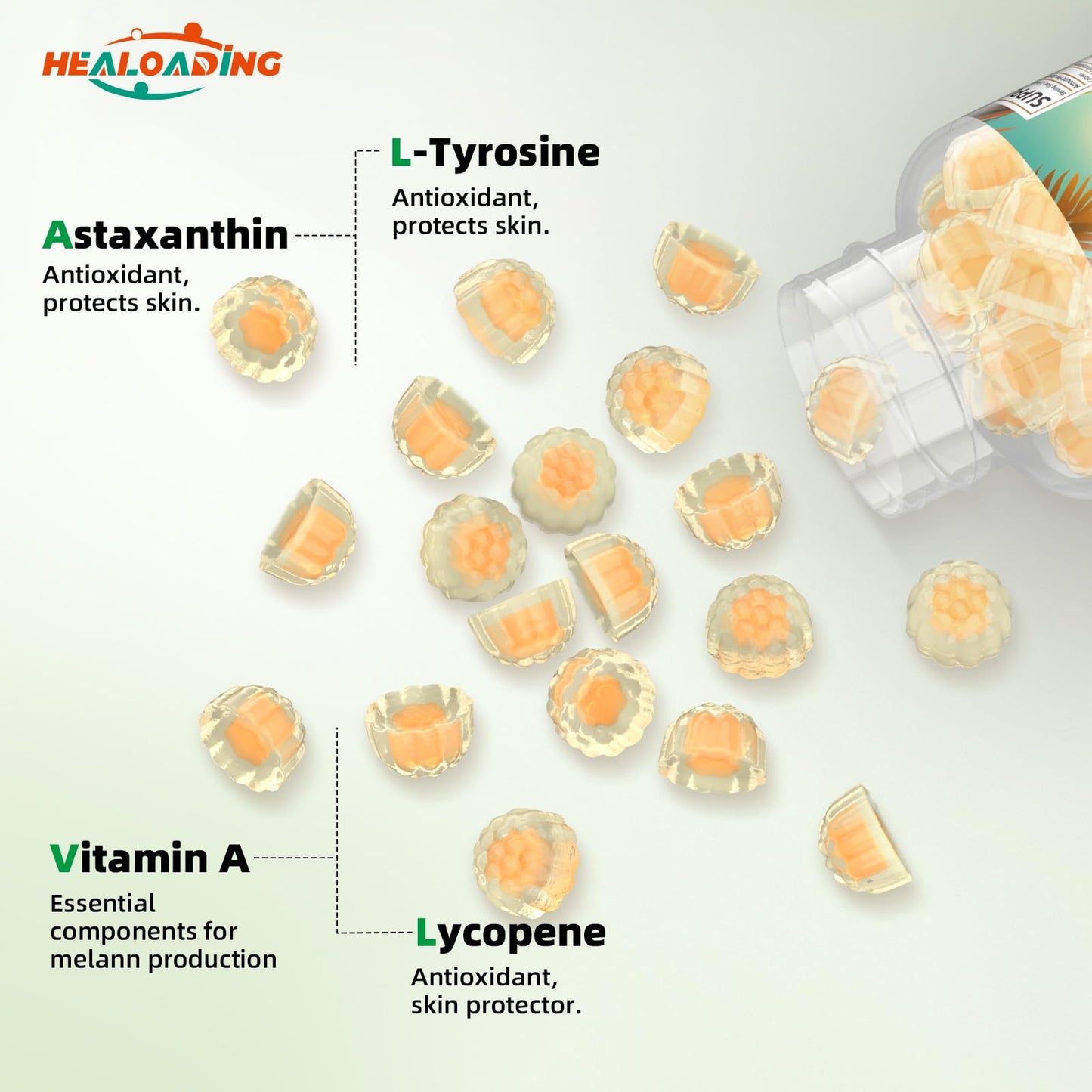 HEALOADING Tanning Gummies Supplement for Women: Daily Tanning Gummies with Astaxanthin L-Tyrosine Lycopene Vitamin A for Tanning Supplement & Sun Sensitivity Support Natural Melanin Boost