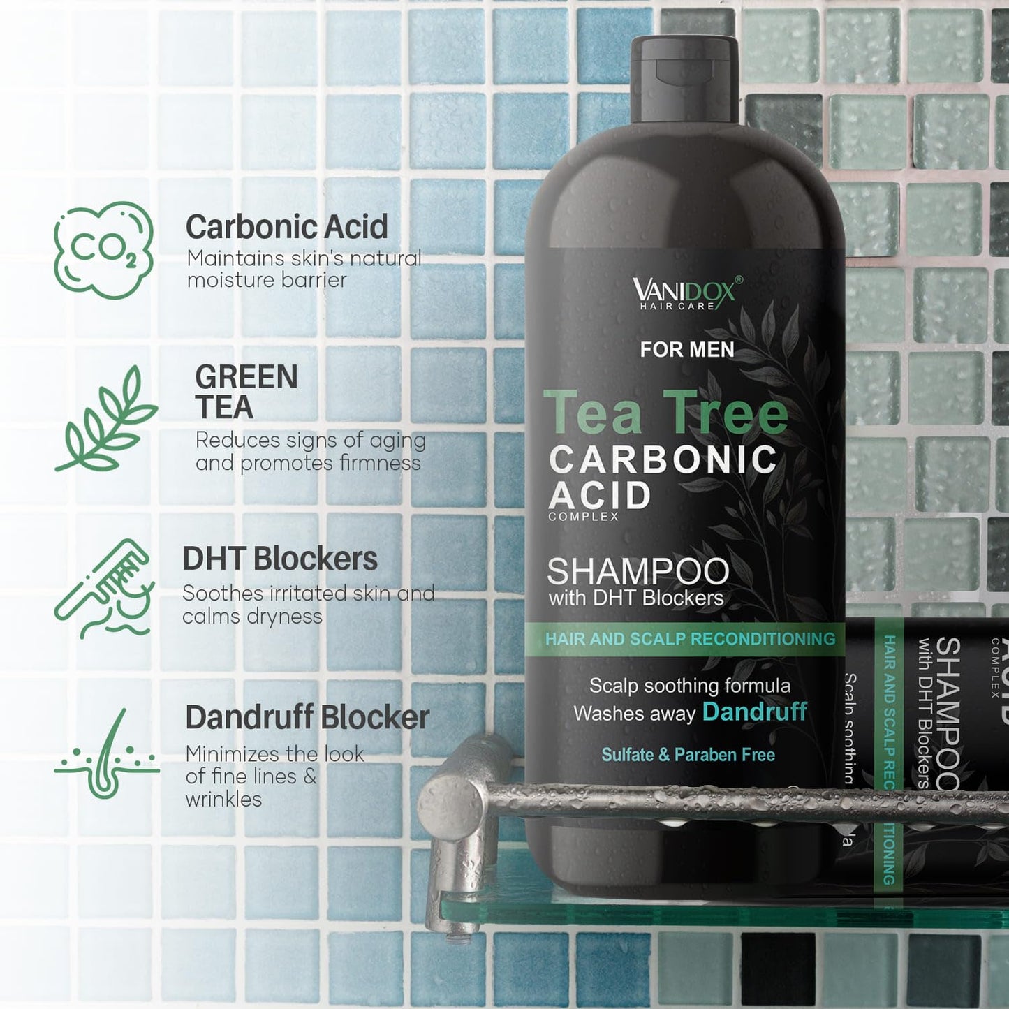Vanidox Tea Tree Shampoo with Organic Tea Tree Oil and Carbonic Acid - For Men's Itchy and Dry Scalp, Fights Hair Loss, Stimulates Growth - With DHT Blockers (16 FL Oz)