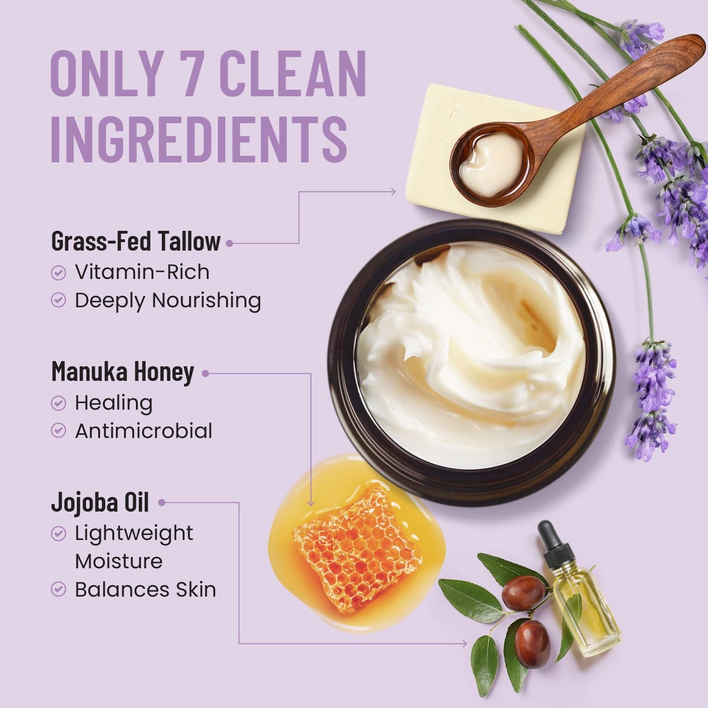 Body Restore Grass Fed Whipped Beef Tallow for Skin, Face, Body, Dry Skin - with Manuka Honey, Jojoba Oil, Birthday Gifts for Women, Men, Travel Essentials, Self Care - Lavender