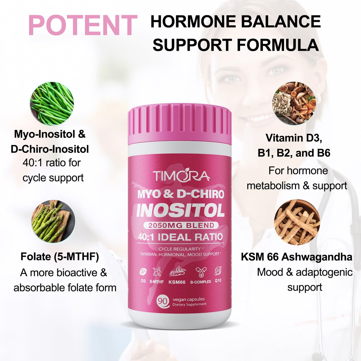 TIMORA 14-in-1 Myo-Inositol & D-Chiro Inositol Supplement for Women, Targeted 40:1 Ratio Plus Folate (5-MTHF) for Regular Cycles, Hormone Balance & Ovarian Support with KSM66 Ashwagandha, Vitamins D3