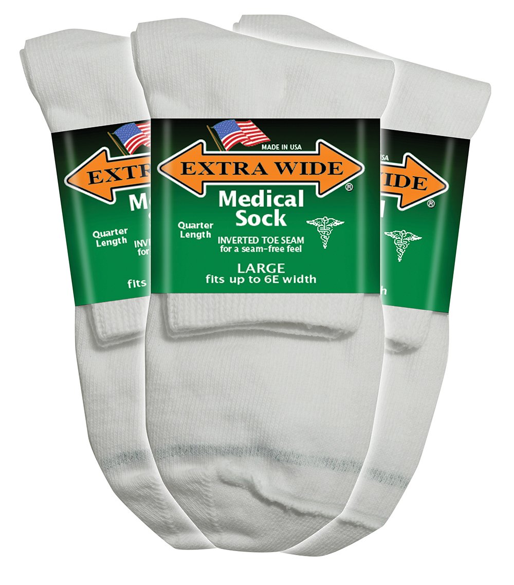 Extra Wide Medical (Diabetic) Quarter Sock (Pack of 3), Made in USA (Medium, White)