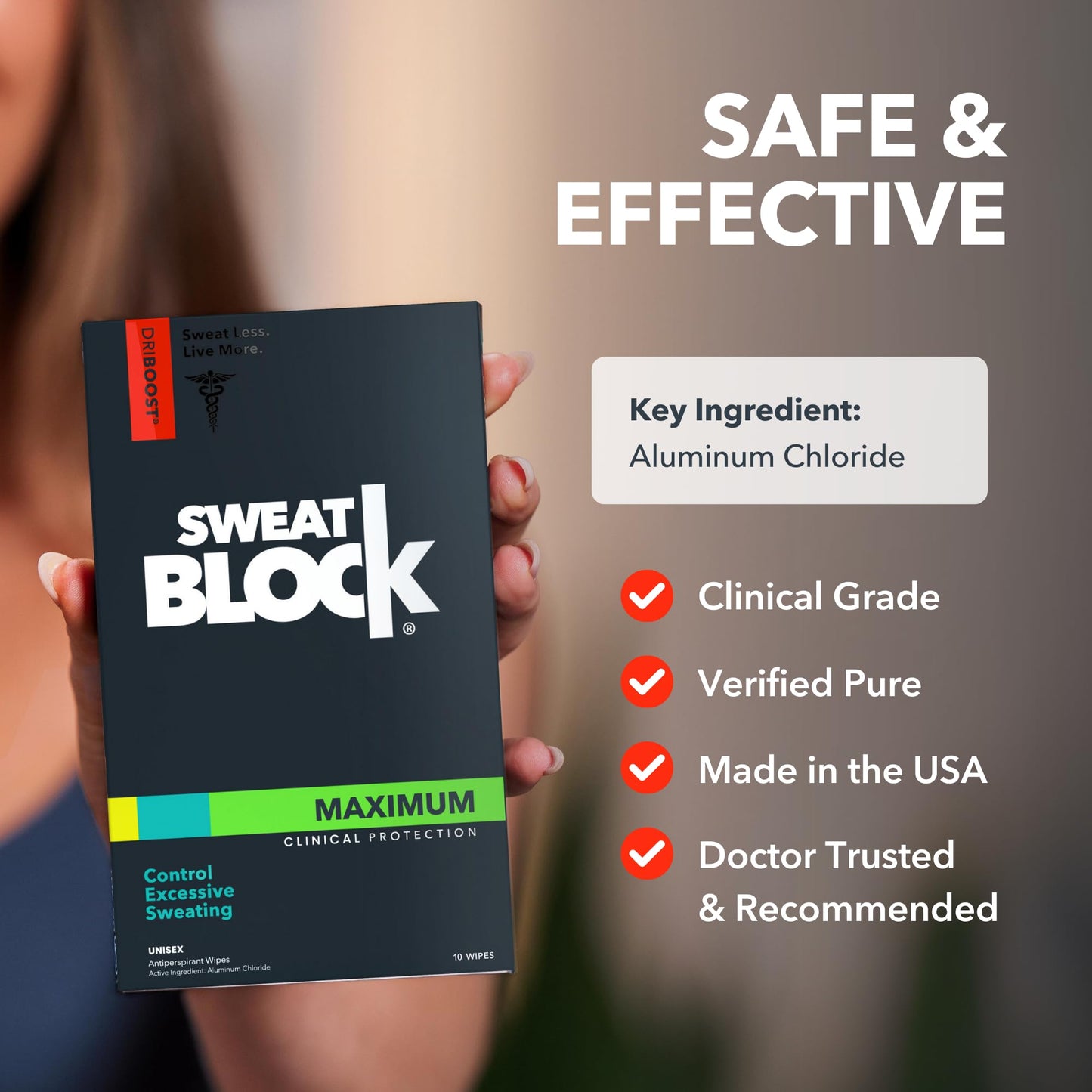SweatBlock Clinical Strength Antiperspirant Wipes for Men and Women Excessive Sweat Protection Hyperhidrosis Treatment Stops Underarm Perspiration Up to 7 Days Includes 10 Individually Wrapped Wipes