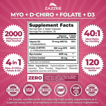Myo and D-Chiro Inositol Supplement for Women - Fertility Supplement for Women with Ideal 40:1 Ratio Myo & D-Chiro Inositol D3 & Methylfolate Ovarian Support Vitamins - ISO Lab Tested (30 Servings)
