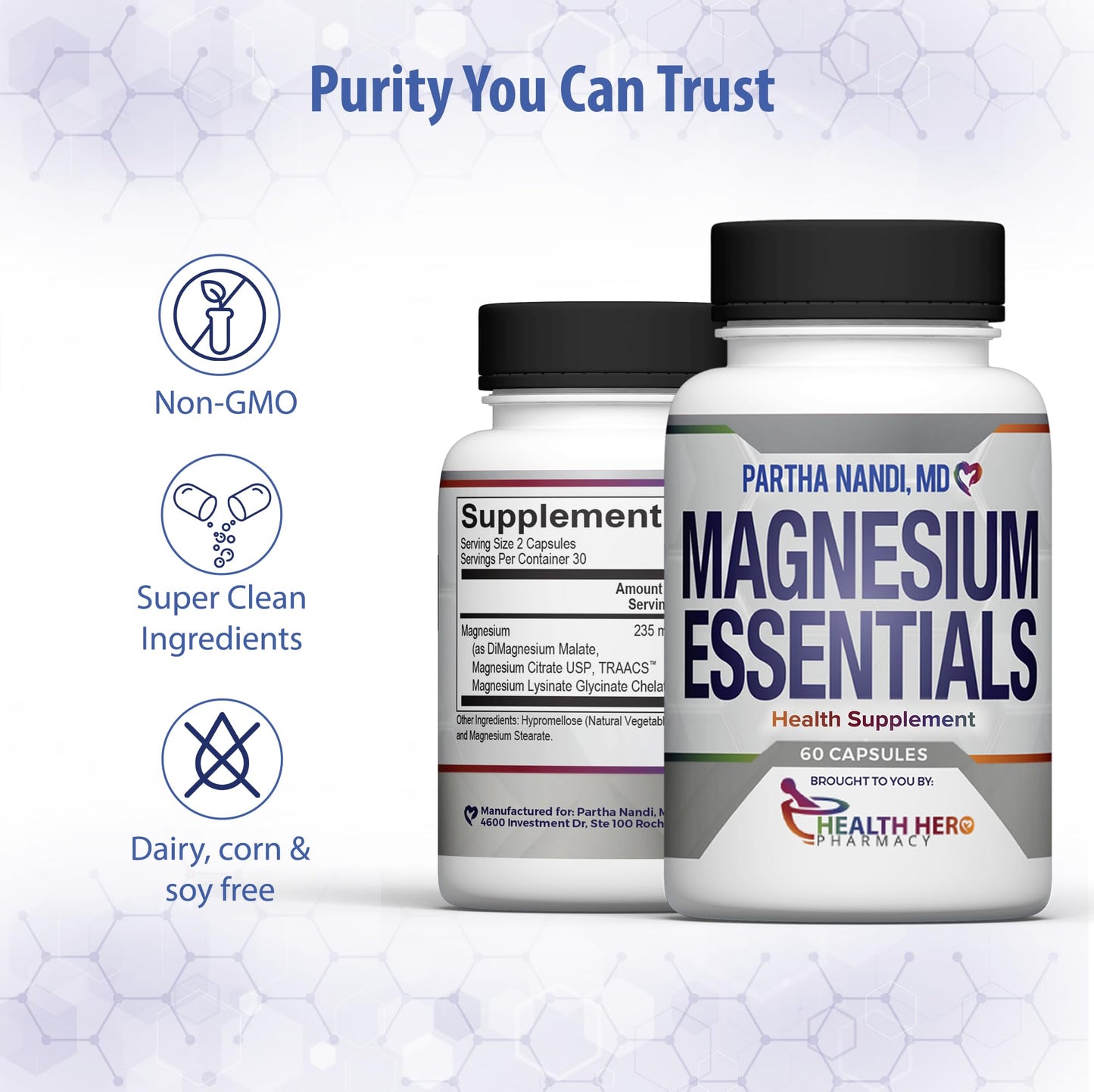 Dr. Nandi's Triple Magnesium Complex Supplement โ Magnesium Citrate, Malate & Glycinate โ Supports Sleep, Stress, Muscle, Nerve & Heart Health โ High Absorption Formula โ 235MG โ 60 Capsules
