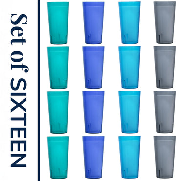 US Acrylic Cafe Plastic Reusable Tumblers (Set of 16) Water Cups | Restaurant Style Drinking Glasses Value Set, Stackable, BPA-free, Made in the USA | Top-rack Dishwasher Safe