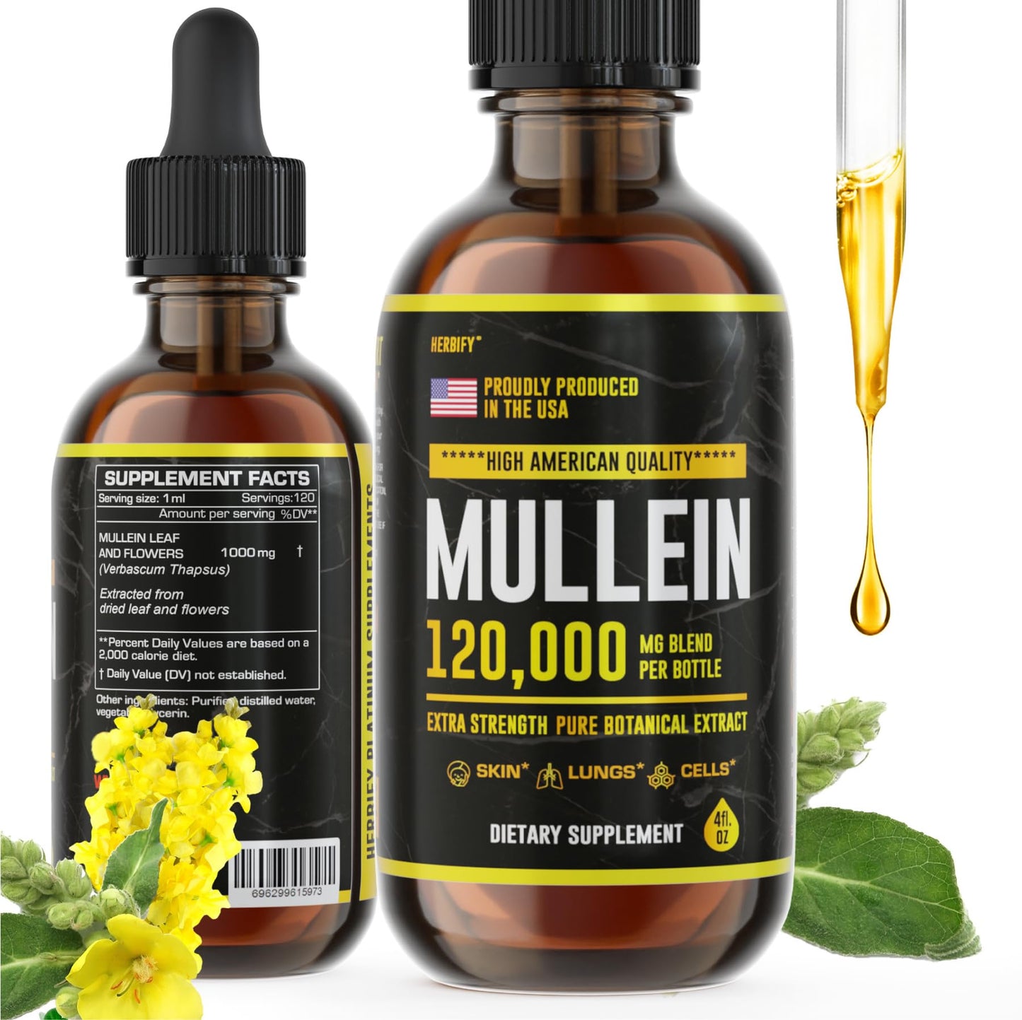 HERBIFY Mullein Drops - Lung Cleanse - Leaf Extract - Powerful Mullein for Immune Support,Detox & Respiratory Support - Made in USA - Herbal Supplements - 4 Oz