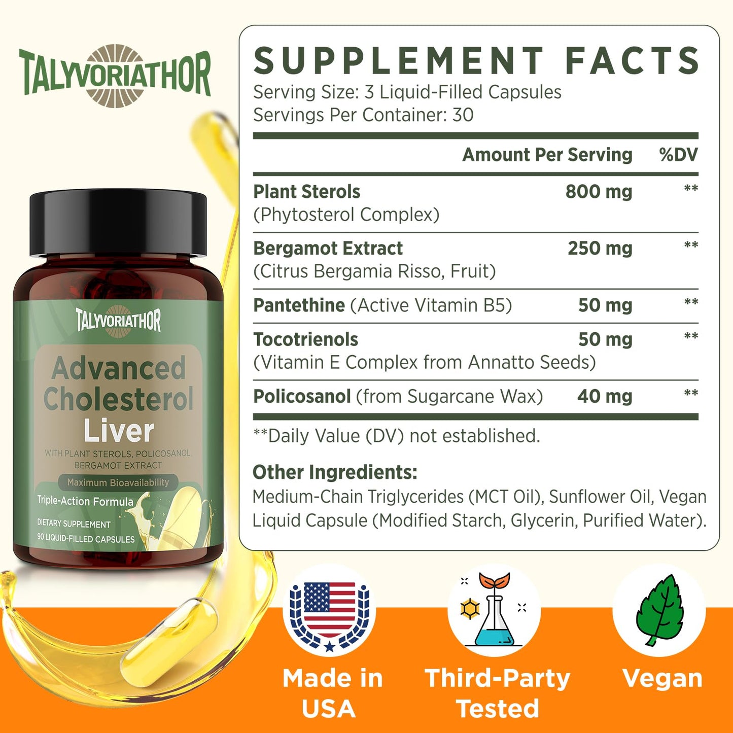 Advanced Cholesterol Supplements | Liquid-Filled Capsules for Better Absorption | Plant Sterols, Policosanol, Bergamot Extract | Triple-Action Formula,90 Capsules